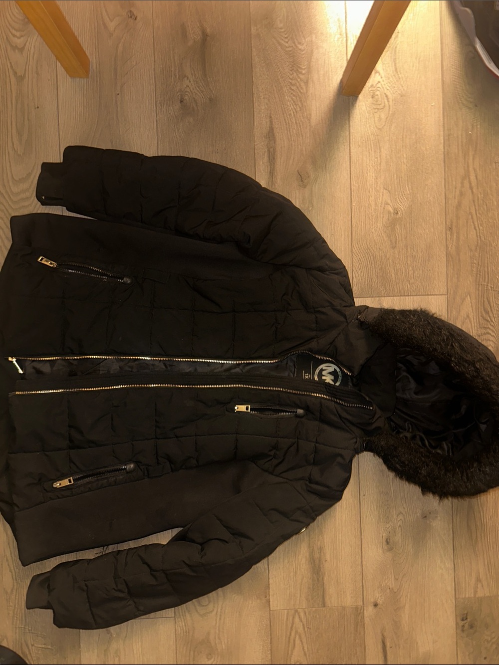 Michael Kors Black Quilted Hooded Puffer Coat with Fur Trim
